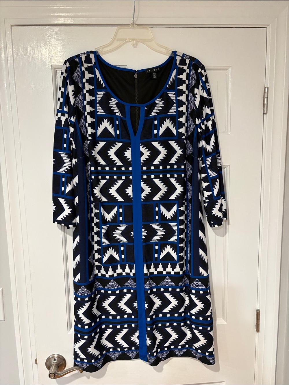 Tribal Blue, Black & White Geometric Midi Dress XL. NWT